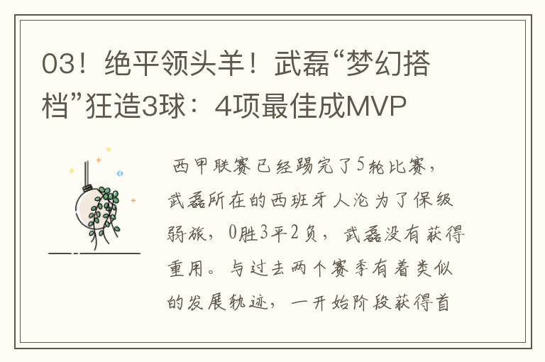 03！绝平领头羊！武磊“梦幻搭档”狂造3球：4项最佳成MVP
