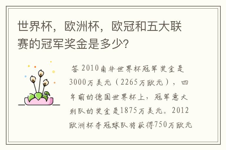 世界杯,欧洲杯,欧冠和五大联赛的冠军奖金是多少?