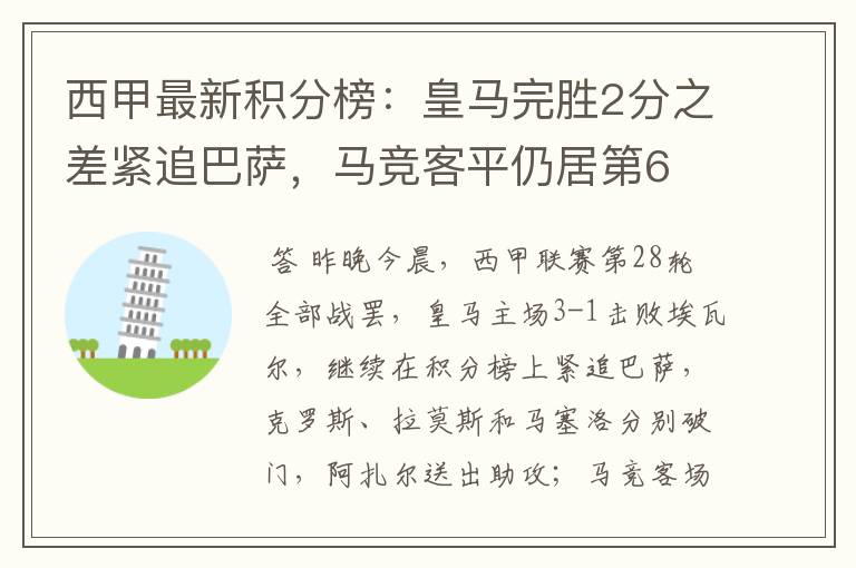 西甲最新积分榜:皇马完胜2分之差紧追巴萨,马竞客平仍居第6
