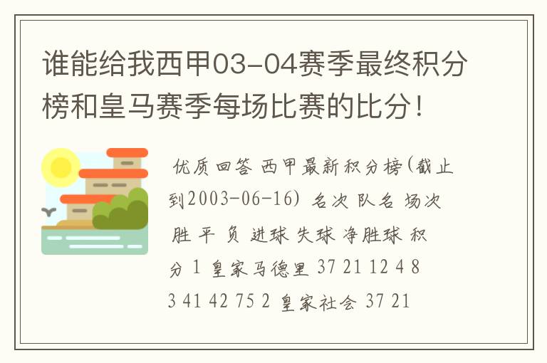 谁能给我西甲03-04赛季最终积分榜和皇马赛季每场比赛的比分!