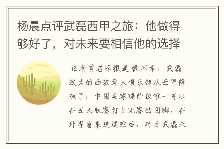 杨晨点评武磊西甲之旅:他做得够好了,对未来要相信他的选择