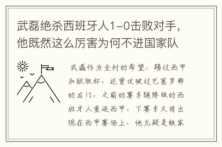 武磊绝杀西班牙人1-0击败对手,他既然这么厉害为何不进国家队?