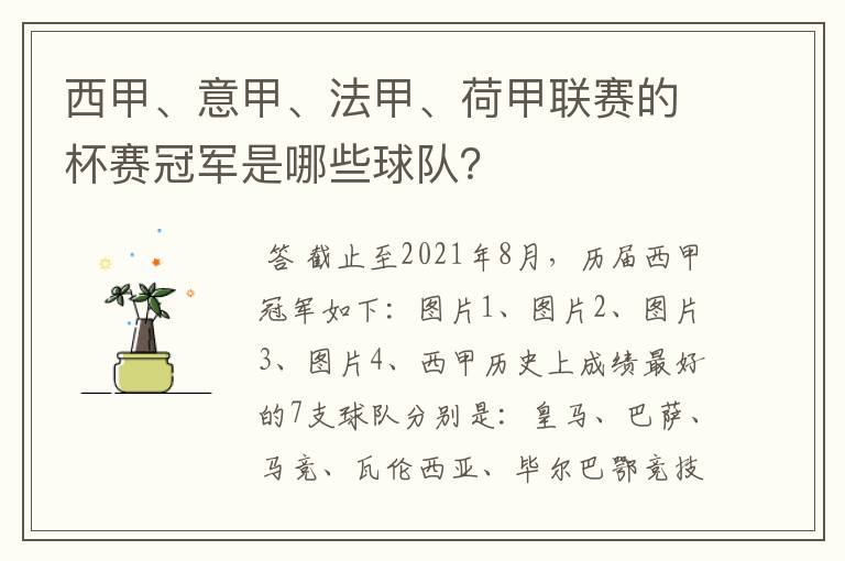 西甲、意甲、法甲、荷甲联赛的杯赛冠军是哪些球队?