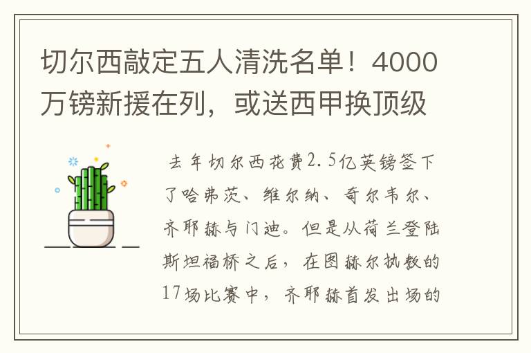 切尔西敲定五人清洗名单!4000万镑新援在列,或送西甲换顶级铁闸