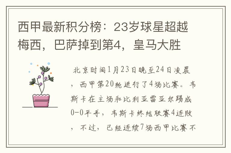 西甲最新积分榜:23岁球星超越梅西,巴萨掉到第4,皇马大胜