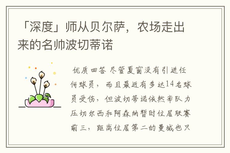 「深度」师从贝尔萨,农场走出来的名帅波切蒂诺