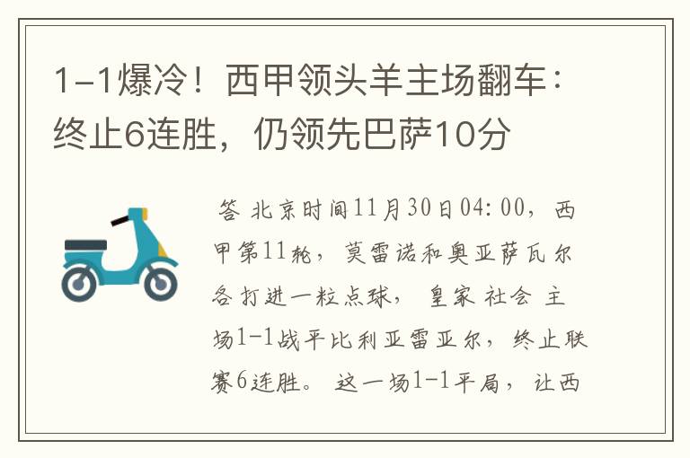 1-1爆冷!西甲领头羊主场翻车:终止6连胜,仍领先巴萨10分