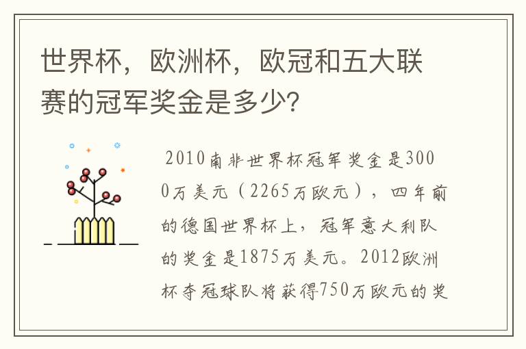 世界杯,欧洲杯,欧冠和五大联赛的冠军奖金是多少?