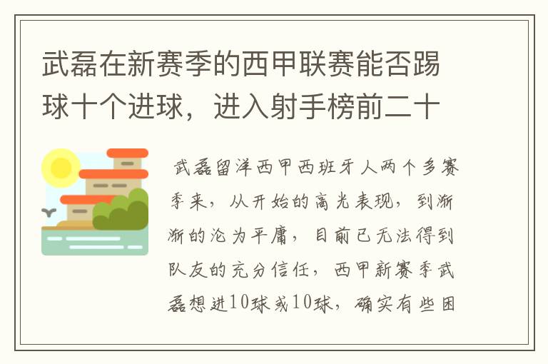 武磊在新赛季的西甲联赛能否踢球十个进球,进入射手榜前二十?