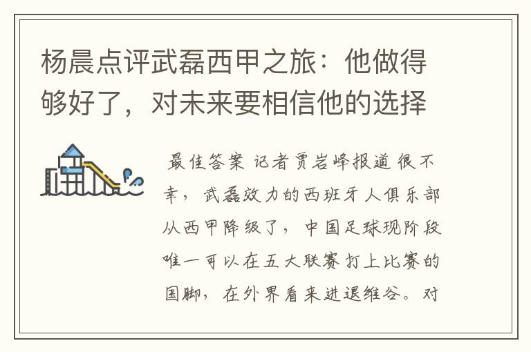 杨晨点评武磊西甲之旅:他做得够好了,对未来要相信他的选择