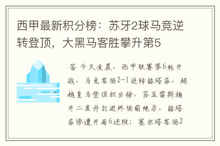西甲最新积分榜:苏牙2球马竞逆转登顶,大黑马客胜攀升第5