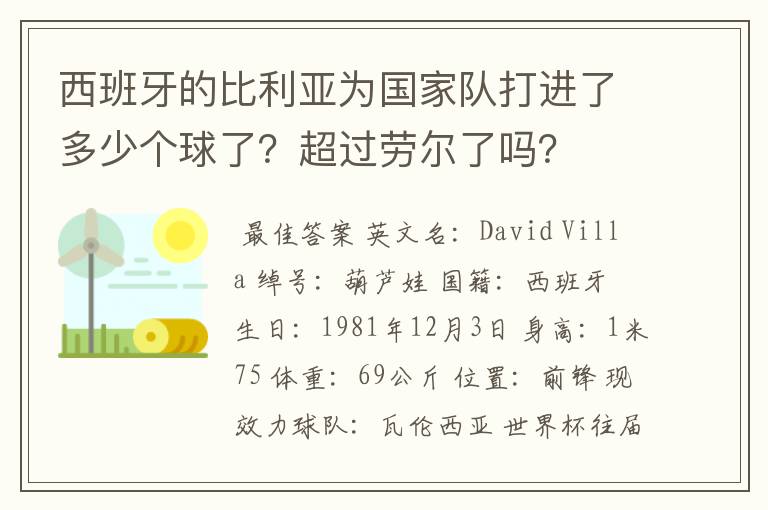 西班牙的比利亚为国家队打进了多少个球了?超过劳尔了吗?