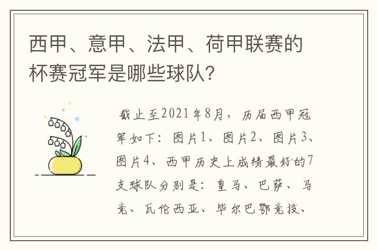 西甲、意甲、法甲、荷甲联赛的杯赛冠军是哪些球队?