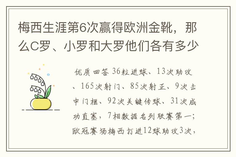 梅西生涯第6次赢得欧洲金靴,那么C罗、小罗和大罗他们各有多少次?
