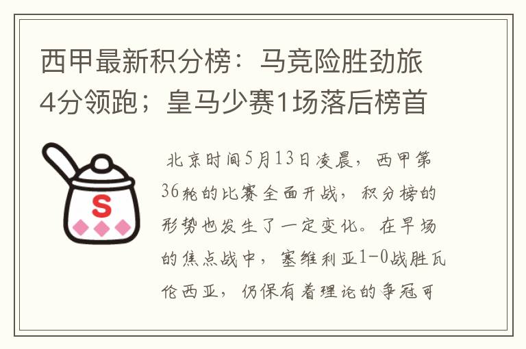 西甲最新积分榜:马竞险胜劲旅4分领跑;皇马少赛1场落后榜首5分