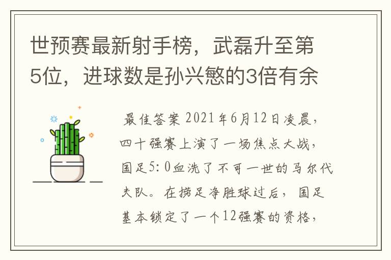 世预赛最新射手榜，武磊升至第5位，进球数是孙兴慜的3倍有余