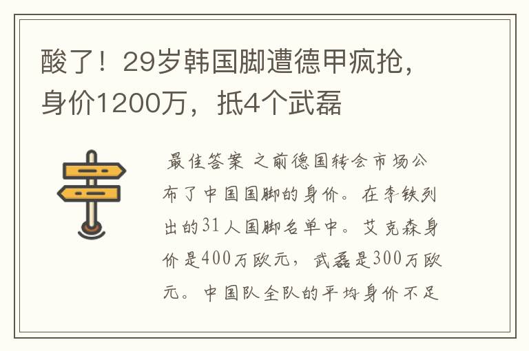 酸了!29岁韩国脚遭德甲疯抢,身价1200万,抵4个武磊