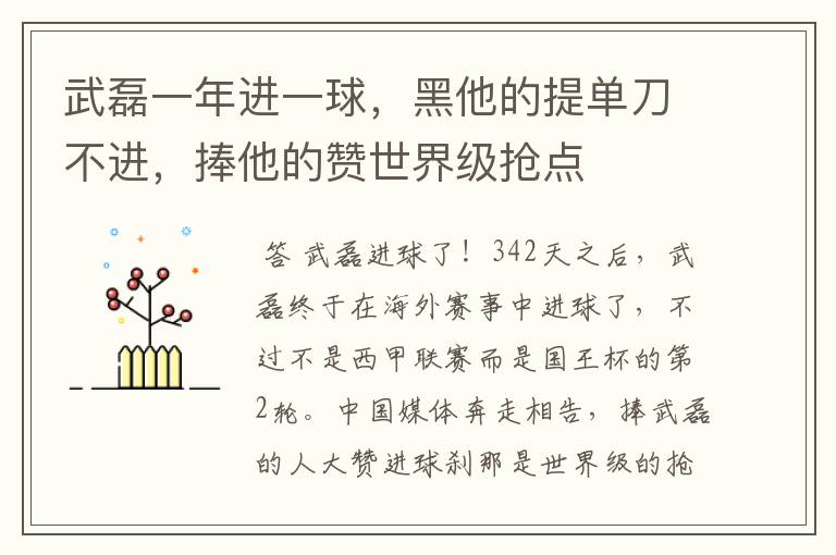 武磊一年进一球,黑他的提单刀不进,捧他的赞世界级抢点