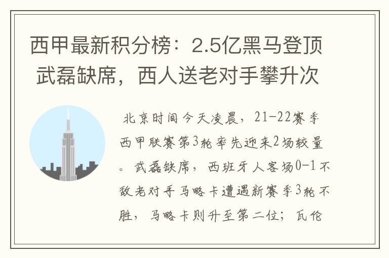 西甲最新积分榜:2.5亿黑马登顶 武磊缺席,西人送老对手攀升次席