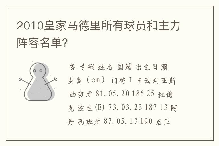 2010皇家马德里所有球员和主力阵容名单?