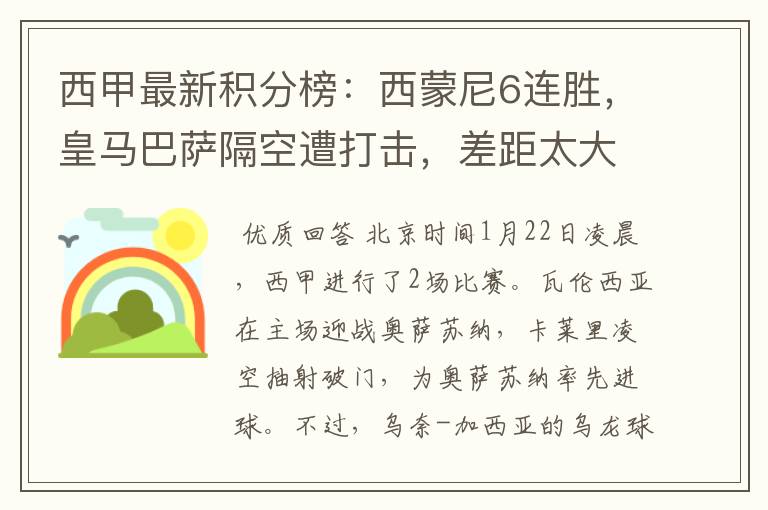 西甲最新积分榜：西蒙尼6连胜，皇马巴萨隔空遭打击，差距太大
