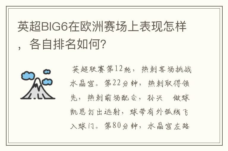 英超BIG6在欧洲赛场上表现怎样,各自排名如何?