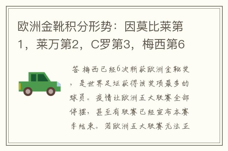 欧洲金靴积分形势:因莫比莱第1,莱万第2,C罗第3,梅西第6