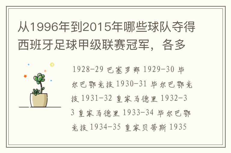 从1996年到2015年哪些球队夺得西班牙足球甲级联赛冠军,各多少次