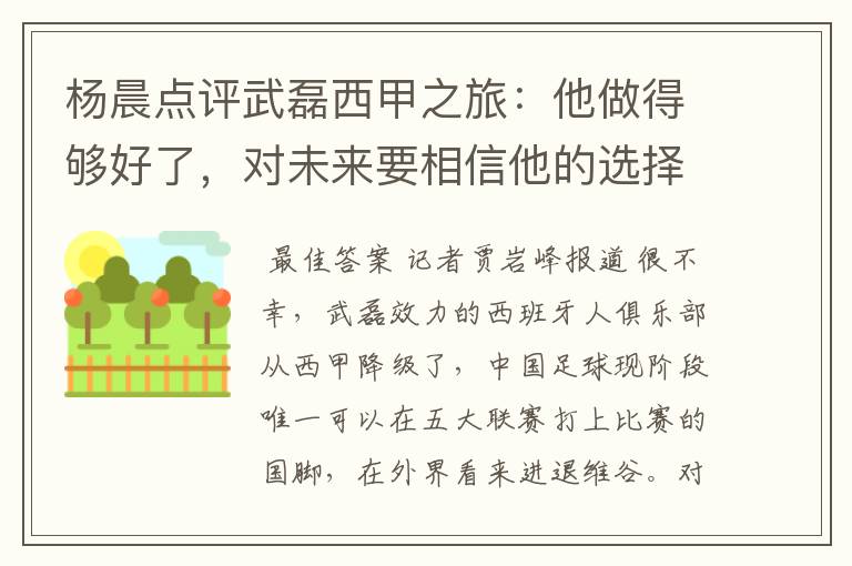 杨晨点评武磊西甲之旅:他做得够好了,对未来要相信他的选择