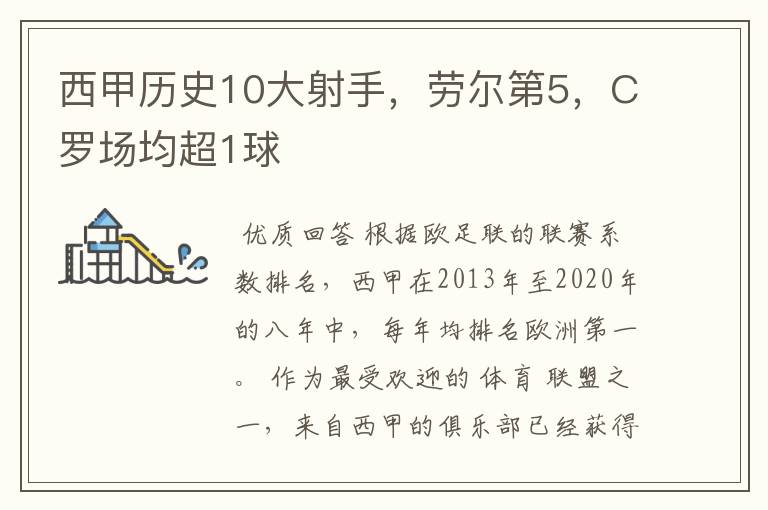 西甲历史10大射手,劳尔第5,C罗场均超1球