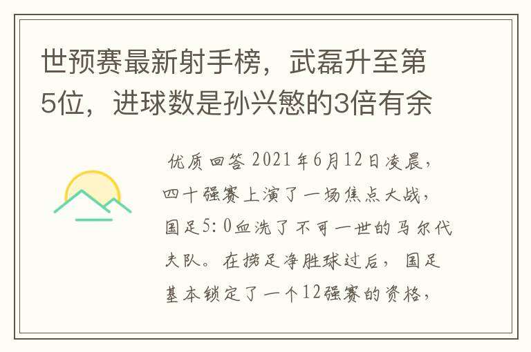 世预赛最新射手榜,武磊升至第5位,进球数是孙兴慜的3倍有余