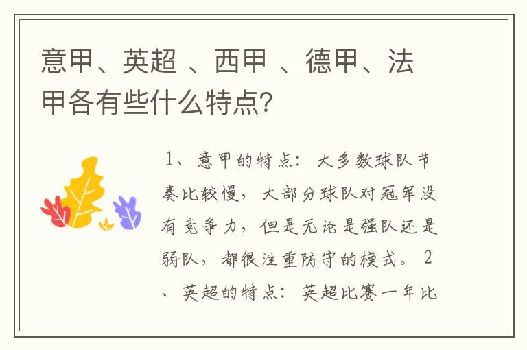 意甲、英超 、西甲 、德甲、法甲各有些什么特点?