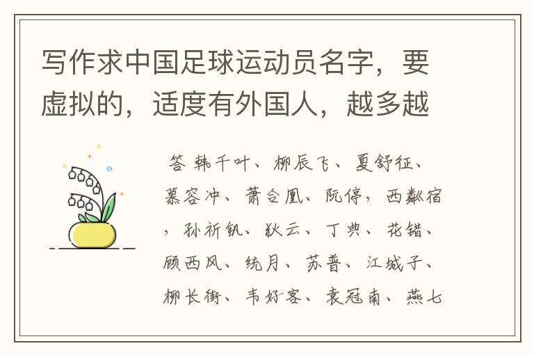 写作求中国足球运动员名字,要虚拟的,适度有外国人,越多越好。