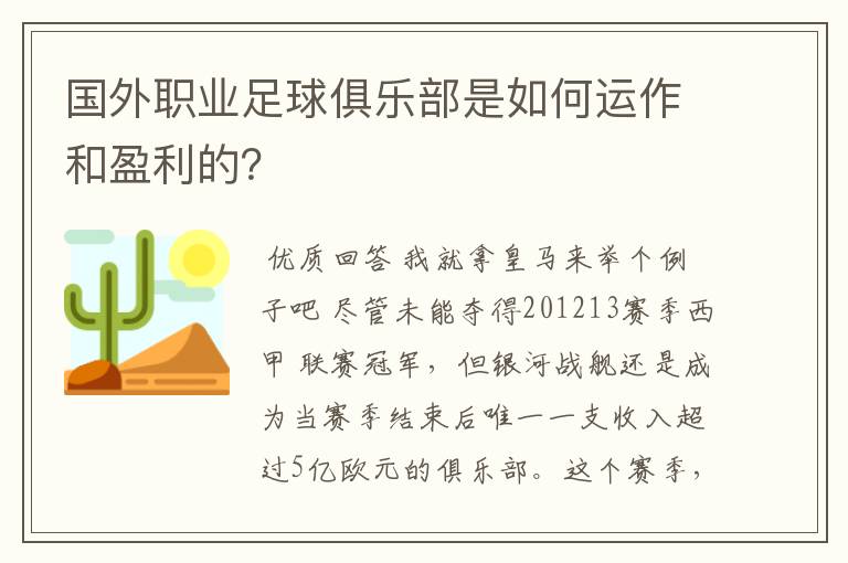 国外职业足球俱乐部是如何运作和盈利的?