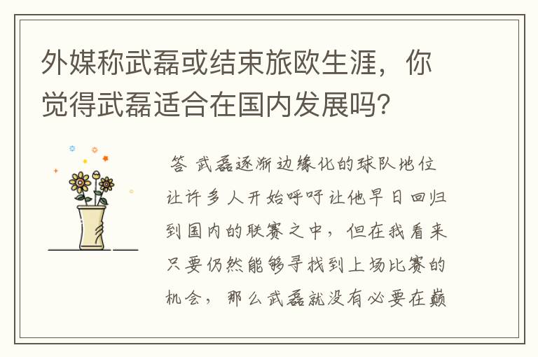 外媒称武磊或结束旅欧生涯,你觉得武磊适合在国内发展吗?