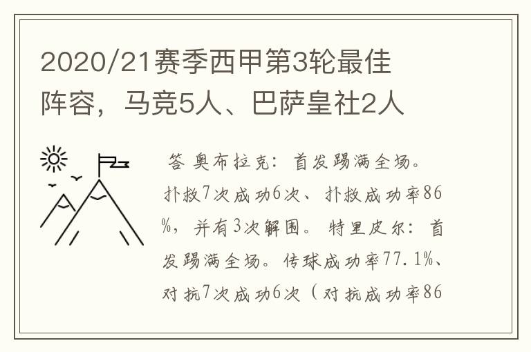 2020/21赛季西甲第3轮最佳阵容,马竞5人、巴萨皇社2人