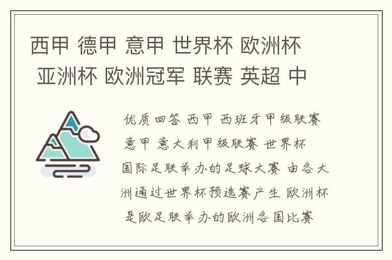 西甲 德甲 意甲 世界杯 欧洲杯 亚洲杯 欧洲冠军 联赛 英超 中超 分别是什么意思啊?