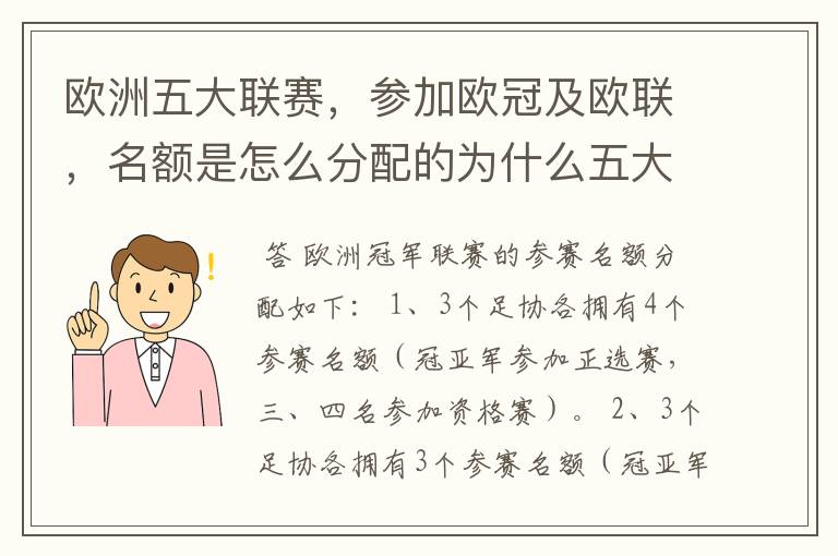 欧洲五大联赛,参加欧冠及欧联,名额是怎么分配的为什么五大联赛只有法甲