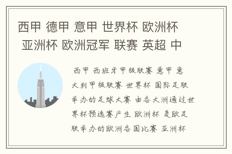 西甲 德甲 意甲 世界杯 欧洲杯 亚洲杯 欧洲冠军 联赛 英超 中超 分别是什么意思啊?