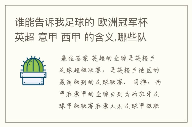 谁能告诉我足球的 欧洲冠军杯 英超 意甲 西甲 的含义.哪些队 怎么进行比赛的.