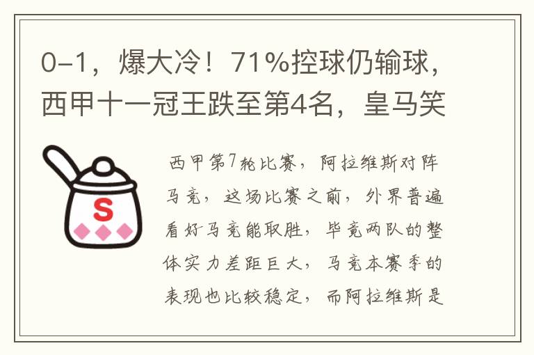 0-1,爆大冷!71%控球仍输球,西甲十一冠王跌至第4名,皇马笑了