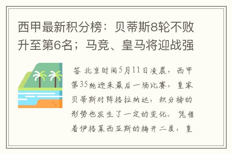 西甲最新积分榜:贝蒂斯8轮不败升至第6名;马竞、皇马将迎战强敌