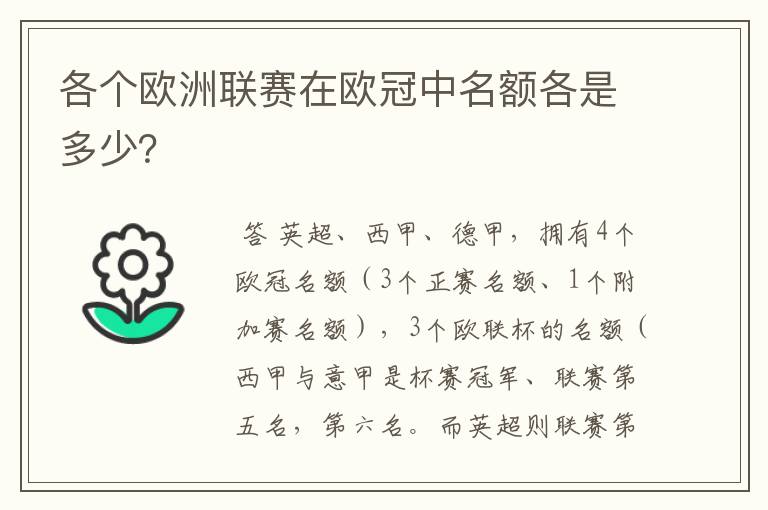 各个欧洲联赛在欧冠中名额各是多少?