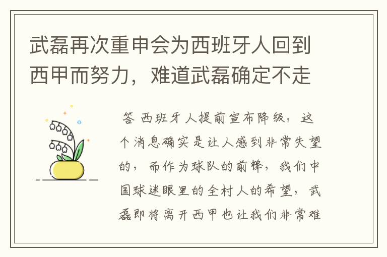 武磊再次重申会为西班牙人回到西甲而努力，难道武磊确定不走了？
