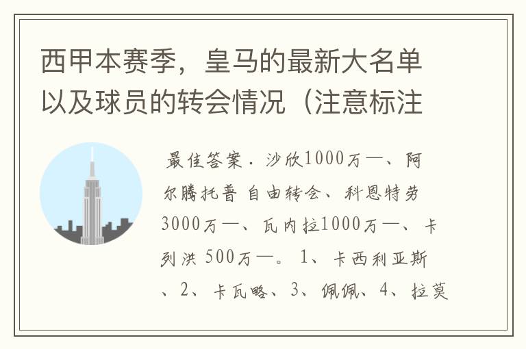 西甲本赛季,皇马的最新大名单以及球员的转会情况(注意标注球员身价)