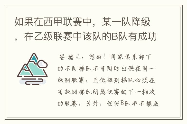 如果在西甲联赛中,某一队降级,在乙级联赛中该队的B队有成功升级,那么第二年的联赛将会怎么样呢?