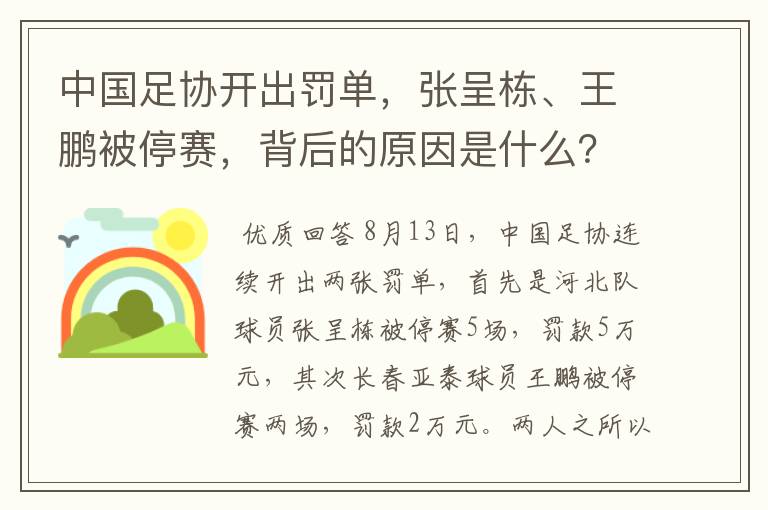 中国足协开出罚单,张呈栋、王鹏被停赛,背后的原因是什么?