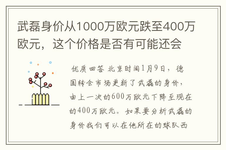 武磊身价从1000万欧元跌至400万欧元,这个价格是否有可能还会降低?