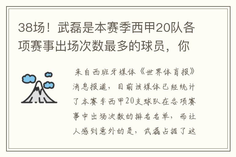38场!武磊是本赛季西甲20队各项赛事出场次数最多的球员,你怎么看?