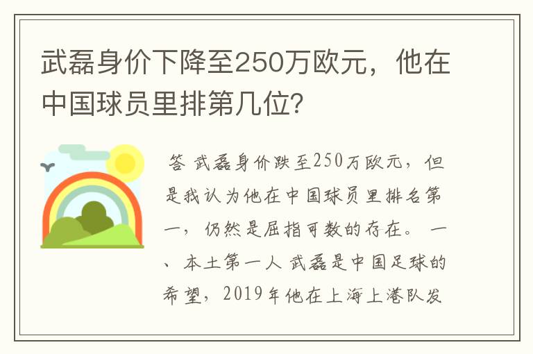 武磊身价下降至250万欧元,他在中国球员里排第几位?